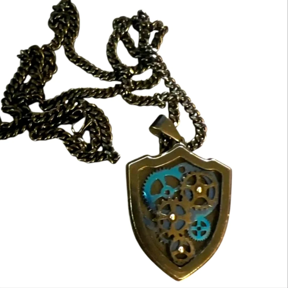 Mens Unique Shield Black Blue Gear Pendant 36